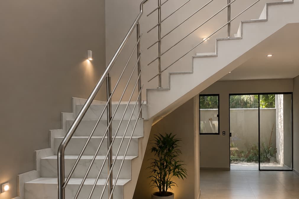 Guarda-corpo de inox com tubos horizontais instalado em escada interna, fabricado pela VLS Inox